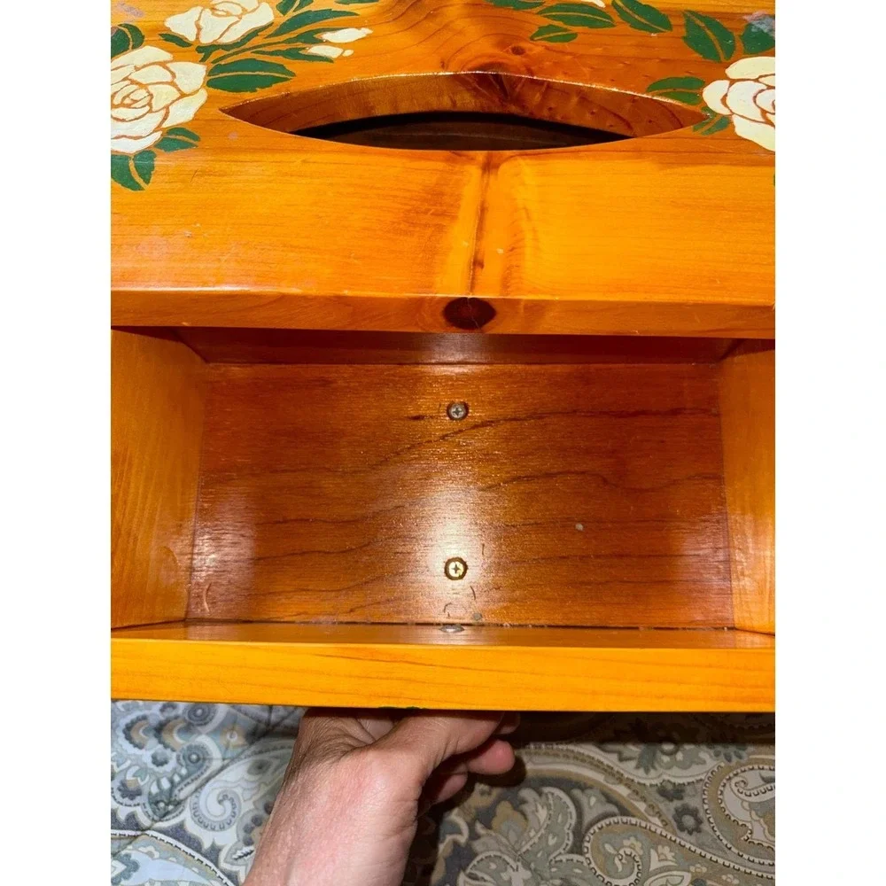 Vintage Hand Painted Wood Jewelry Box Tissue Holder Combo Floral Rose 2 Drawer